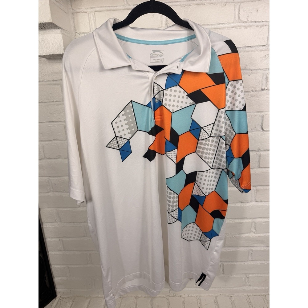 Slazenger Golf Polo Shirt XL White Geometric Print Performance Stretch Men